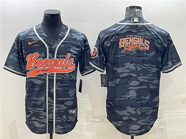 Men's Cincinnati Bengals Gray Camo Team Big Logo With Patch Cool Base Stitched Baseball Jersey